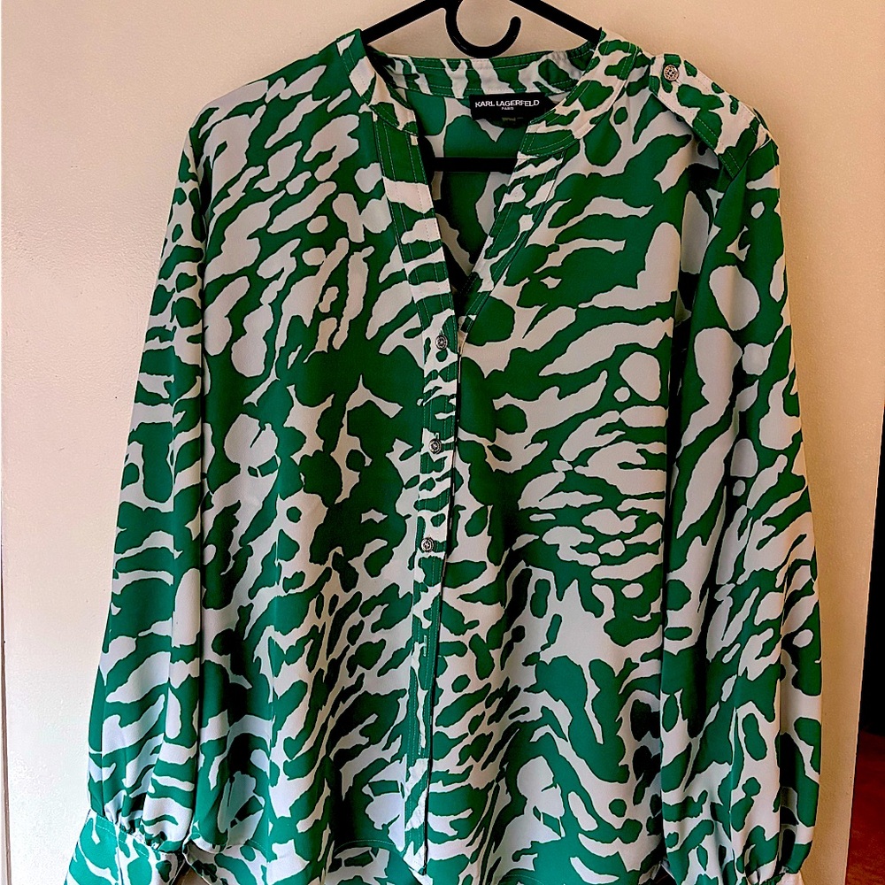 Karl Lagerfeld Green Graphic Long Sleeve Blouse